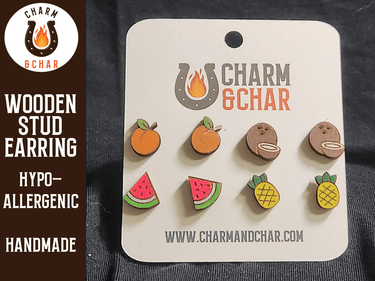 Tropical Fruit Wood Stud Earrings - Food Fashion Earring Set - Stud Earring - Charm and Char